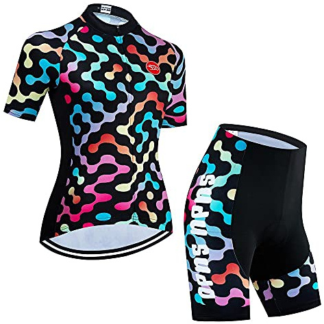 Damen Sommer Radtrikot Set, Schnell Trocknen Stoff Fahrradtrikot, Elastische Atmungsaktive Biking Kleidung Anzüge mit 20D Gel gepolsterte Reithose Geeignet