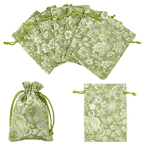 nbeads 20 Stück Chinesische Seidenbeutel Brokatbeutel, 14x11 cm Stickerei Blumen Geschenktüten Kordelzugbeutel Geldbörse Für Weihnachten Hochzeit Gefälligkeiten Schmuckbeutel, Lime Green