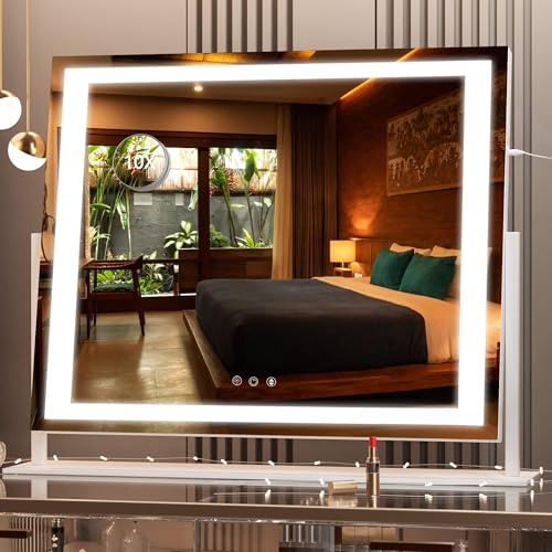 Hasipu Schminkspiegel mit Beleuchtung 55 x 45 cm, LED Kosmetikspiegel 10x Vergrößerung, 3 Farbtemperaturen, Touch Control Tischspiegel, 360° Drehung, Spiegel für Make-up Weiß