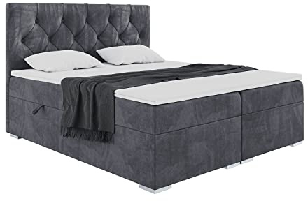 MEBLINI Boxspringbett mit Bettkasten - Gepolstert Doppelbett mit Matratze und Topper - Polsterbett mit Stauraum - Bett mit Kopfteil - Stauraumbett - Roma - 180x200 - H3/Dunkelgrau Samt