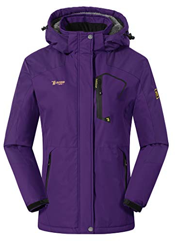 donhobo Damen Fleecejacke Winter Wasserdicht Warme Skijacken Outdoor Winddicht Camping Wanderjacke Hooded Regen Mantel (Lila, XXL)