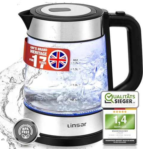 Linsar - Wasserkocher - Borosilikat Glas - 1,7 Liter - BPA-Frei - STRIX-Heizsystem - Blaue LED-Beleuchtung, Schnellkochfunktion, Kalkfilter, Abschaltautomatik und Trockenschutz - 2200 Watt