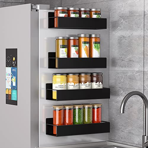 Coovee Gewürzregal Magnetisch 4 Stück Schwarz,Kühlschrank Magnete Regal Kühlschrank Regal Magnetisch Gewürzregale Seitenablage des Kühlschranks Ohne Bohrung Selbstklebend