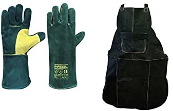 Premium Green Leather Safety Apron and Welders Gloves - Foundary Welders Welding Gardeners Blacksmith