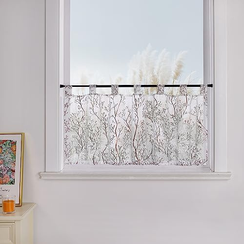 Yujiao Mao Scheibengardine mit Schlaufen Zweigen Muster Goldfoliendruck Naturstil Bistrogardine für kleine Fenster 1 Stück,Braun HxB 45x90cm