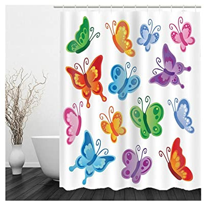 Whoiy Duschvorhang Polyester, Duschrollo Um Die Ecke 165X180cm Badegardinen Viele Schmetterlinge Bunt Waschbar Wasserdicht