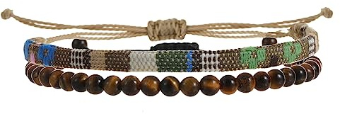 LUBINGSHINE 2pcs Surfer Beach Bohemian Bracelet, Weave Bracelets for Men Women, Handmade Braided Stone Bracelets Jewelry (Tiger-Eyes & Safari) v