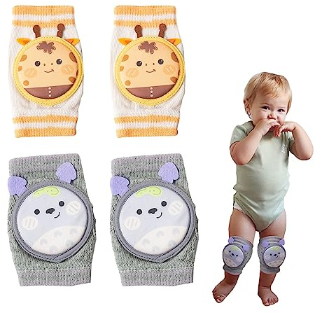 XIXKOLYU® 2 Paar Krabbel-Knieschoner, atmungsaktive Baby-Knieschoner Krabbel-Knieschoner mit Schwamm, rutschfeste Knieschoner Fußsäcke Schutzhülle, Giraffe + Chinchilla