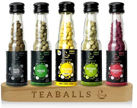 TEABALLS® Service à thé Big Classic avec 5 tasses de thé vert Earl Grey, menthe, citron, thé vert, hibiscus + présentoir en bois pour 150-375 tasses de thé chaud ou de thé glacé sans sucre