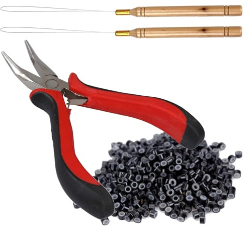 Hair Extensions Tools Kit,Professional Tools With Hair Extension Pliers,Loop Threader and 500 PCS Silicone Line Nano Black Beads for Extending Hair Wearing Feather Accessories Barber or Diy (Black)