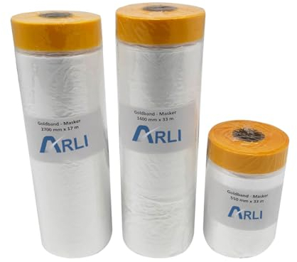 ARLI Goldband Masker 3er Set Abdeckfolie mit Klebeband 550 mm x 25 m 1400 mm x 25 m 2700 mm x 16 m Malerfolie Baufolie HDPE Folie mit Washi Tape für Abdeckarbeiten innen und außen