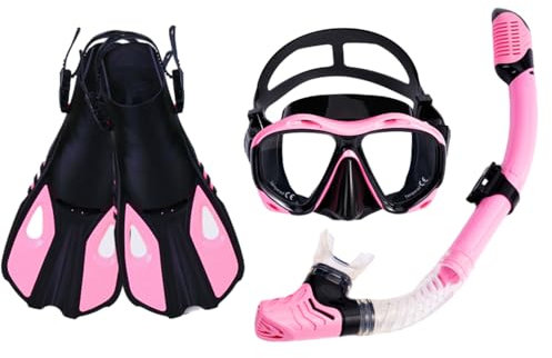 Set da snorkeling 3 in 1 per adulti, con maschera subacquea panoramica, protezione anti-appannamento e perdite, boccaglio Dry-Top, pinne (rosa, S/M)