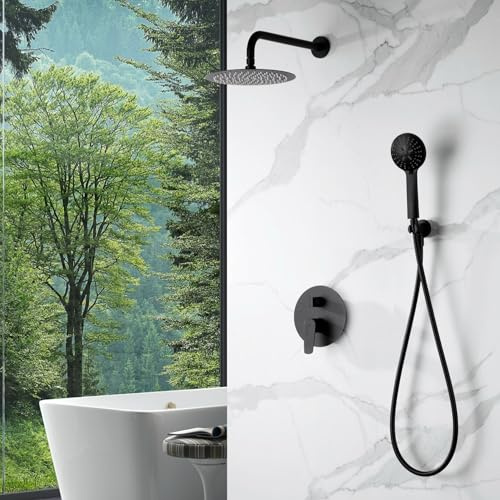 IMEX - Ducha Empotrada Negra Monomando | Conjunto de Grifería Empotrado con Alcachofa y Rociador Antical Efecto Lluvia | Columna Ducha Empotrada con Grifo en Latón y Acero Inox S.304 | Serie Bélgica
