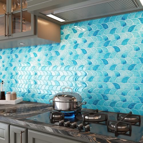 Livelynine 3D Fliesenaufkleber Bad Blau 30x30CM Klebefliesen Küche Blau Meereswelle Optik Fliesen Selbstklebend Küche Wand 3D Wandfliesen Selbstklebend Badezimmer Küchenrückwand Hellblau, 4 Stück