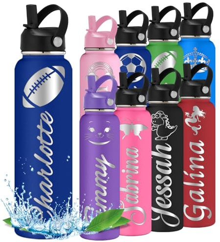 WolunLi Personalisierte Wasserflasche Trinkflasche mit Symbol-Namen, für Kinder, Teenager, Junge, Mädchen, zurück zur Schule Geschenk, Reisen, Sport, Isolierflaschen mit Flip Stroh Griff Marine 1