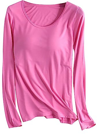 SYDUZAX Tee Shirt Blanc Femme T-Shirt avec Soutien-Gorge Intégré pour Femme Hauts Rembourrés de Yoga Pyjama Manches Longues Col Rond Tops Sommeil Extensibles Et Confortables Pull à Coupe Ample Gym