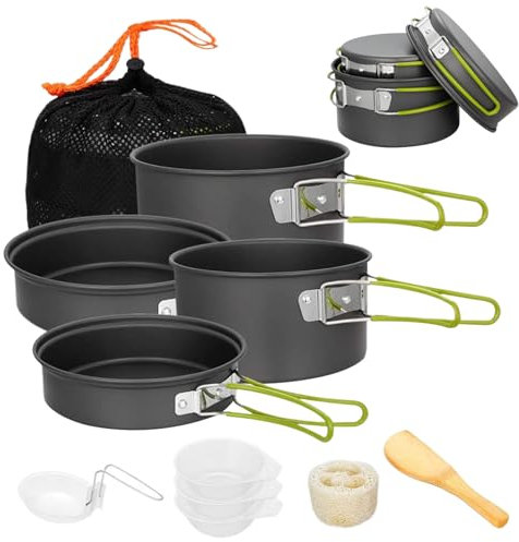 Camping Pan Set, Camping Cooking Set, Aluminium Alloy Non-stick Camping Pots and Pans with Handle, Portable Stackable Camping Cookware with Mesh Bag for Camping Hiking Picnic