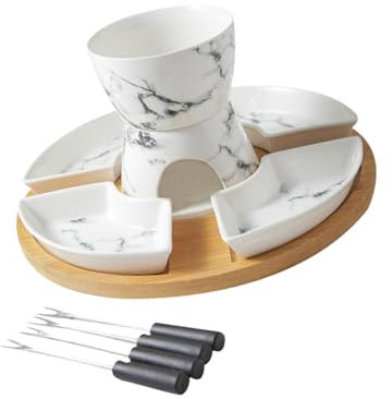 perfk Caquelon à Fondue au Chocolat, Ensemble Chauffe-Beurre en céramique, Bol à Fondue avec 4 fourchettes et 4 Plats, Ensemble de Bols à Fondue