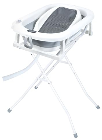 Primabobo Milo Faltbare Babybadewanne mit Gestell und Badesitz, Elektronischem LCD-Thermometer und Ablaufschlauch, Stabiles Bade-Set für Neugeborene und Babys, Grau