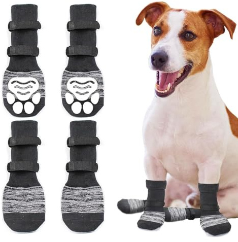 TOEECY Hundesocken 4 Stück Atmungsaktive Hunde Outdoor mit Rutschfester Sohle Verletzungen Verhindern Lecken Verstellbarem für Kleine Mittlere und Große Hunde (L)