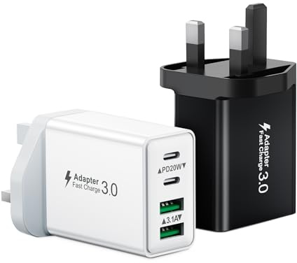 2-Pack USB C Plug, 4-Port USB Plug Fast Charger Multi USBC Plug UK Dual PD Power Adapter + QC Multiport Wall Plug Double Type C Charging Plug for iPhone 17 16 15 14 13 12 Pro Max Plus, iPad