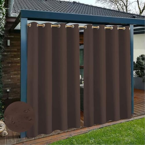 TECDOTO Wetterfeste wasserdichte Outdoor Vorhänge für die Terrasse, Verdunkelungsvorhänge für Drinnen und Draußen, Sonnenschutzvorhänge für Draußen mit Ösen, 1 Vorhang, Dunkelbraun, B183cm xH244cm