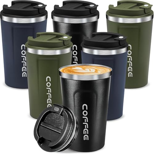 TESIN 6 Pcs Travel Coffee Mugs 350 ml Stainless Steel Vacuum Insulated Tumbler, Insulated Coffee Cups with Lid, Leak Proof Reusable Cups for Cold and Hot Drinks (3 Color)