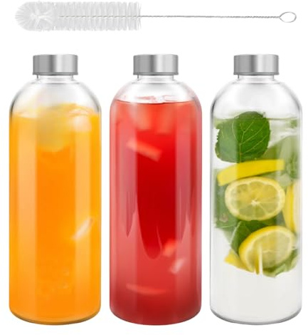Eidoct Paquete de 3 botellas de agua de vidrio reutilizables de 1 litro, a prueba de fugas, resistente al calor