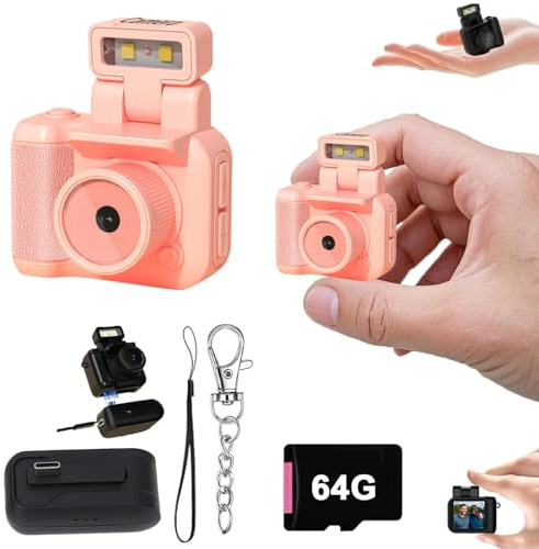 Gsnagole Retro Snap Camera，Mini Nostalgic Vintage View，Tiny Snaps，Keychain Digital Photo Camera，Llavero Mini CáMara Retro，1080p Hd with Led Flash Light (Pink 64G)