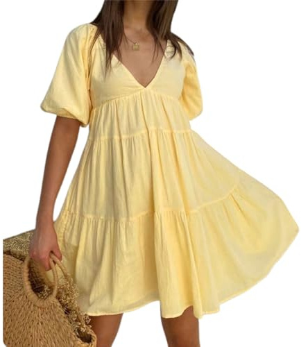 Women's Summer Maternity Dress Puff Sleeves Sweetheart Neck Ruffled Hem Loose A-Line Mini Dress Pregnancy Clothes (A-Yellow, L)