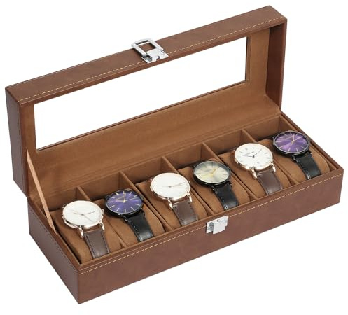 Uten Caja de Relojes con 6 Compartimentos, Caja para Reloje PU, Cerradura con Llave, Tapa Vidrio, Forro Terciopelo Marrón, para Exhibición y Almacenamiento Relojes Joyería, Regalo Ideal