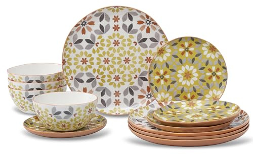 Lorren Home Trends Floral Dinnerware Set, 12 Piece, Bone China, Yellow and Gray Pattern, Microwave and Dishwasher Safe