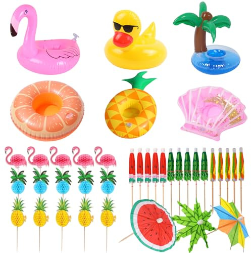 ZYNERY 6 Stück Getränkehalter Pool Aufblasbar Tiere mit 30 Deko Cocktail Schirmchen, Schwimmender Getränkehalter Klein Pool Gadgets Getränke Halter Schwimmend für Hawaii Poolbar Poolpartys