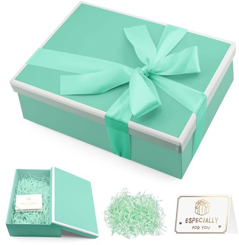 Geschenkbox mit Deckel, Grün Geschenkbox Geburtstag 25x18x9cm | Große Geschenkbox mit Schleifen Grußkarten und Raffia, Geschenkverpackung für Weihnachten Hochzeitstag Jubiläen (Grün)