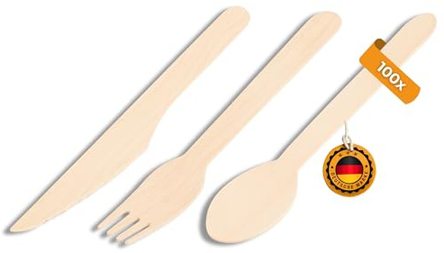 Umweltfreundliches Holzbesteck-Set Natur | Je 100 Gabel + Löffel + Messer, Campingbesteck, Reisebesteck & Outdoor Besteck, Material aus Holz 100% FSC-Zertifiziert