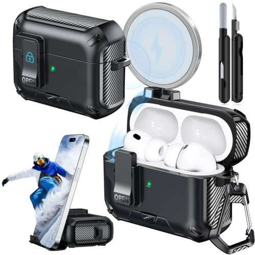 Joremx Magnetiskt Fodral med Telefonstativ (för AirPods Pro 3-Svart) | Automatiskt Magnetiskt Lock & Magnetisk Fästning(för MagSafe),Carbon Fiber design Case, Män&Pojkar,Rengöringspenna(medföljer)
