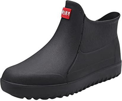 Regnskor herr vattentäta gummistövlar män korta, ankelstövlar vidskaft, ankelstövlar halkfria regnstövlar trädgård stövlar bekväma slip-stövlar unisex gummistövletter utomhusskor, svart, 43 EU