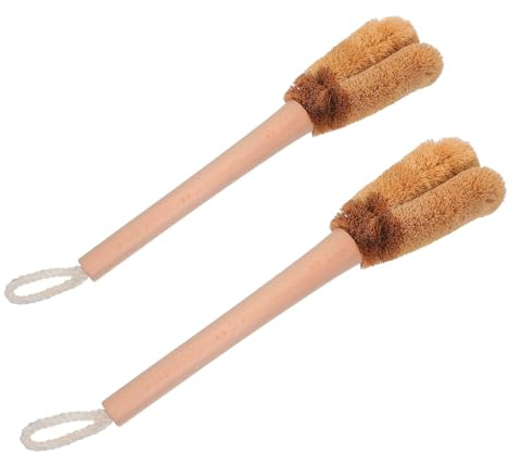 GALPADA 2pcs Natural Coconut Fiber Dish Scrubber with Ergonomic Wooden Handle Extra-long Bottle Brush for Deep Cleaning Mugs Glassware Jars Cups Sturdy Coir Bristles for Tough Stains in