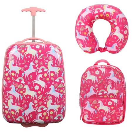 Bioworld Viggio Unicorn Print 2-Wheel Suitcase with Backpack and Neck Pillow – 3-Piece Travel Bag Set for Kids and Teens