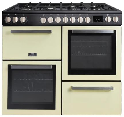 Tesla Dual Fuel Cooker - Freestanding Cream, A/A/A Energy, 7-Burner Gas Hob, 100cm Double Cavity, 62L & 62L Ovens, Easy Clean Enamel, LED Timer, (T100MCDFRCC)