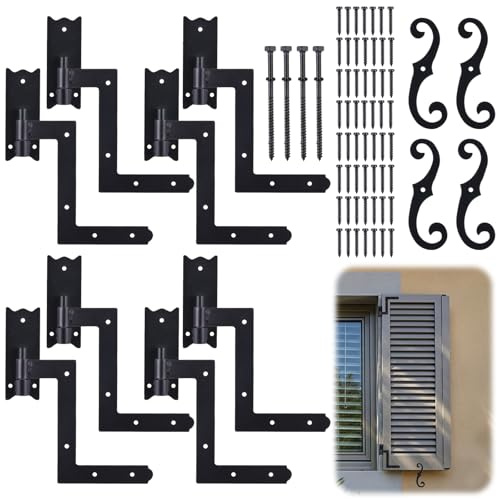 MorningRo Black Shutter Hinges and S Holdback Hooks with Attachment Hardware Metal 6.5 Shutter Dog Holders and 1-1/16 Blind Shutters Hinges for Heavy Duty Wood Frame, Brick, Doors, Window(2 Set)