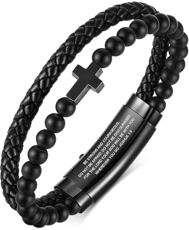 VNOX Mens Bracelet for Men - Double-Row Black Braided Leather Bracelets for Men,Stainless Steel Cross Bible Verse Jewelry with Black Onyx Beads Bracelets Religious Gifts for Christian,4