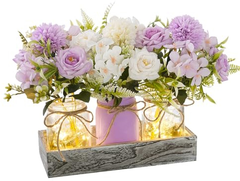 3PCS Artificial Spring Flowers in Mason Jars with Rustic Wood Tray | Fake Floral Centerpiece, Faux Silk Rose for Farmhouse Home Spring Décor Kitchen Coffee Table Arrangement, Purple & White