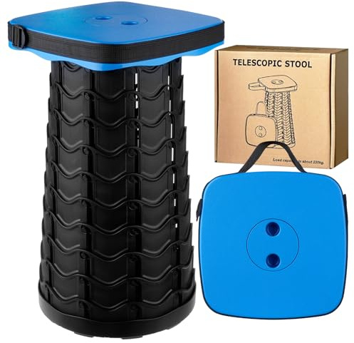 KALBIGRO Sgabello Pieghevole Portatile, Sgabello Telescopico Blu, Sedie da Campeggio Telescopico per Esterno, Pesca, Barbecue, Viaggi, Feste, Giardino, Carico 220 kg/485 lbs