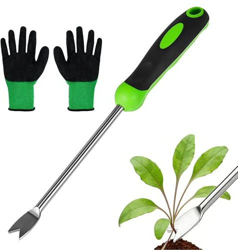 2 Pièces Désherbeur Manuel + Gants, Outil de Désherbage Manuel avec Poignée, Désherbage en Acier Inoxydable à Double Fourche, Arrache Mauvaise Herbe pour Creuser, Désherber, Transplanter, Ameublir