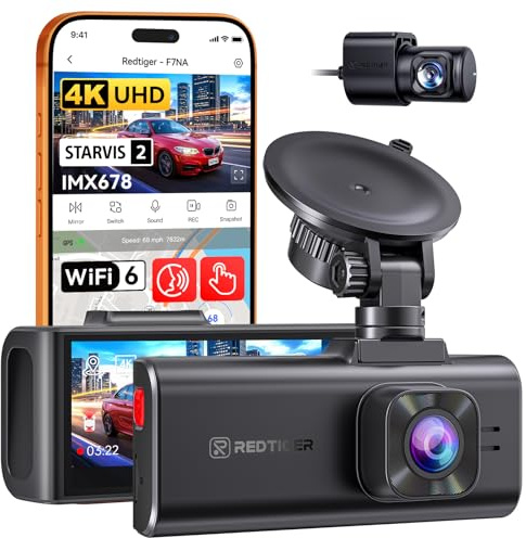 REDTIGER 4K Dashcam Auto Vorne Hinten, STARVIS 2 IMX678 Sensor 8MP, 5GHz WiFi Autokamera mit GPS & Sprachsteuerung, HDR Nachtsicht, 24H Parkmodus, Ohne SD-Karte, Unterstützt 512GB (F7NA)