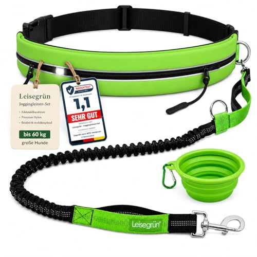 Leisegrün Joggingleine mit Bauchgurt, Hundeleine große Hunde, grün | Laufleine, Freihandleine, Führleine für den Hund, bis 60 kg | Kurzführer 30 cm | Bungee-Ruckdämpfer, Nylon, reflektierend