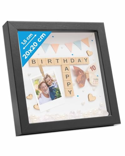 PHOTOLINI 3D Bilderrahmen zum Befüllen 20x20 Schwarz, 1,5 cm tiefer Objektrahmen mit Glas, tiefer Bilderrahmen 20x20 Holz MDF mit Passepartout, dicker 3D Rahmen befüllbar für Gegenstände Geschenk