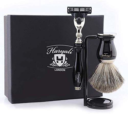 Haryali London Black Herren-Rasierset mit 3-Kanten-Rasiermesser, Rasierpinsel und Rasierständer - Perfect Shaving Kit