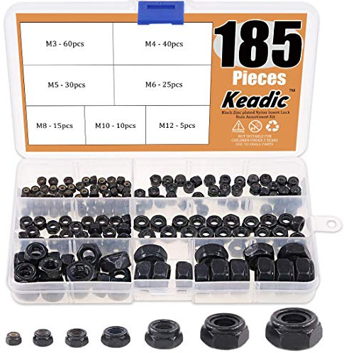 Keadic 185Pcs Locknuts Black, Nylon Insert Hex Locknuts, M3 M4 M5 M6 M8 M10 M12 Standard Threaded Black Nylock Nuts Black Zinc Plated Nylon Insert Lock Nuts Assortment Kit for Fasteners